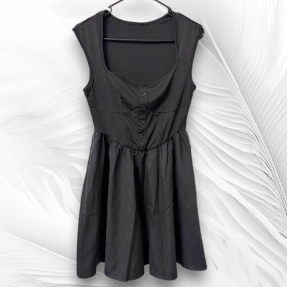 Black Sleeveless Fit And Flare Button Front Dress - Picture 1 of 7